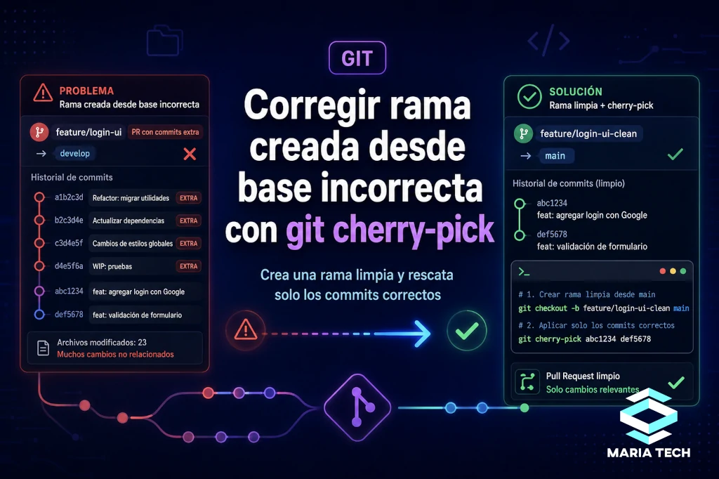 Corregir una rama creada desde la base incorrecta con git cherry-pick